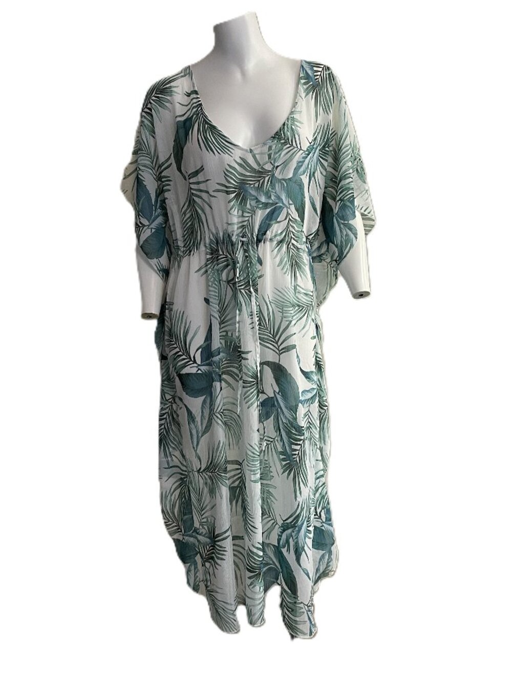 Kona Sol Womens Swim Cover Up Caftan Size Large Green Tropical Palm Leaf Print